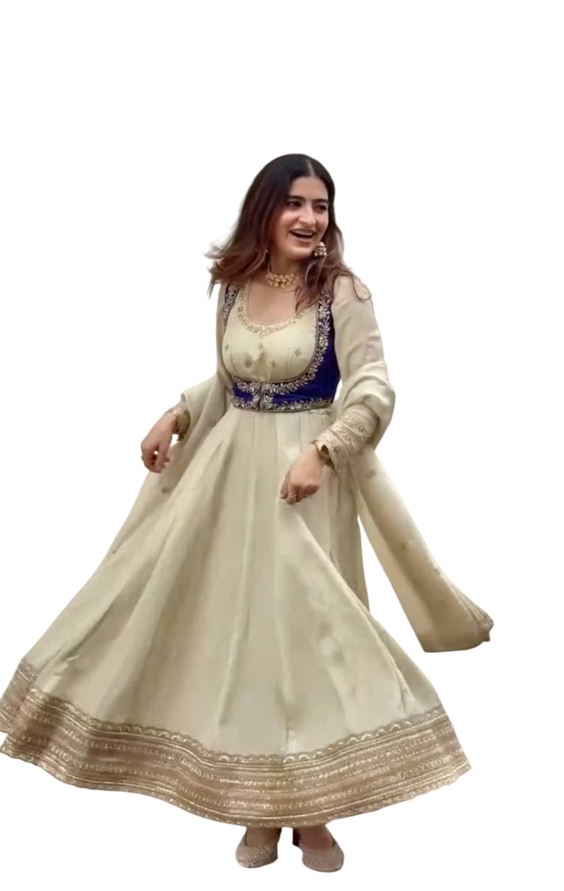 Women's Stylish Floral Printed Heavy Chinon Silk Anarkali Dress Gowns, Kurta with Dupatta Set Anarkali Floral Embroidery Work with Fancy Lace Gown