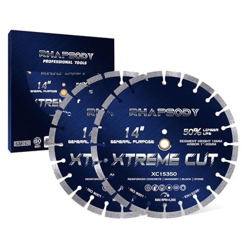 RHAPSODY 14 Inch Diamond Concrete Saw Blade 2Pcs, Segmented General Purpose Blade Dry/Wet Cutting Concrete, Reinforced Concrete, Masonry, Brick, Block,1'-20mm Arbor
