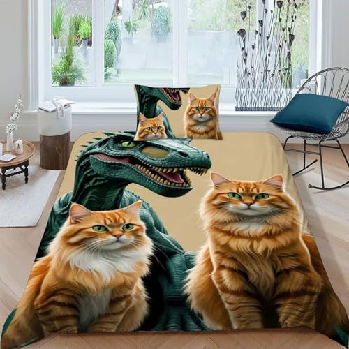 Housse de couette dinosaure chat en microfibres pour lit simple fille