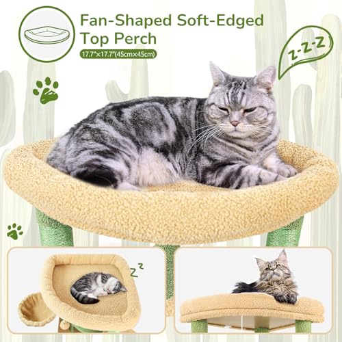 Image of Globlazer Cactus Corner Cat Tree Tower with Scratching Post for Indoor Cats, 51in Multi-Level Cat Condo Tower with Large Hammock, Fan-Shaped Padded Perch, Spacious Cat Cave, Hanging Basket, C51, Green