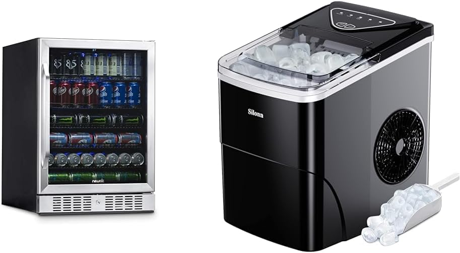 NewAir 177 Can Mini Bar Beer Fridge Bundle with Silonn Ice Maker Making 9 Cubes in 6 Mins and 26lbs Ice Per Day