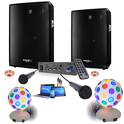 PACK SONO 600W DJ KARAOKE - AMPLI + 2 ENCEINTES 2X300W + 2 MICROS + CABLE PC + BLUETOOTH USB + 2 JEUX DE LUMIERE LED Cover