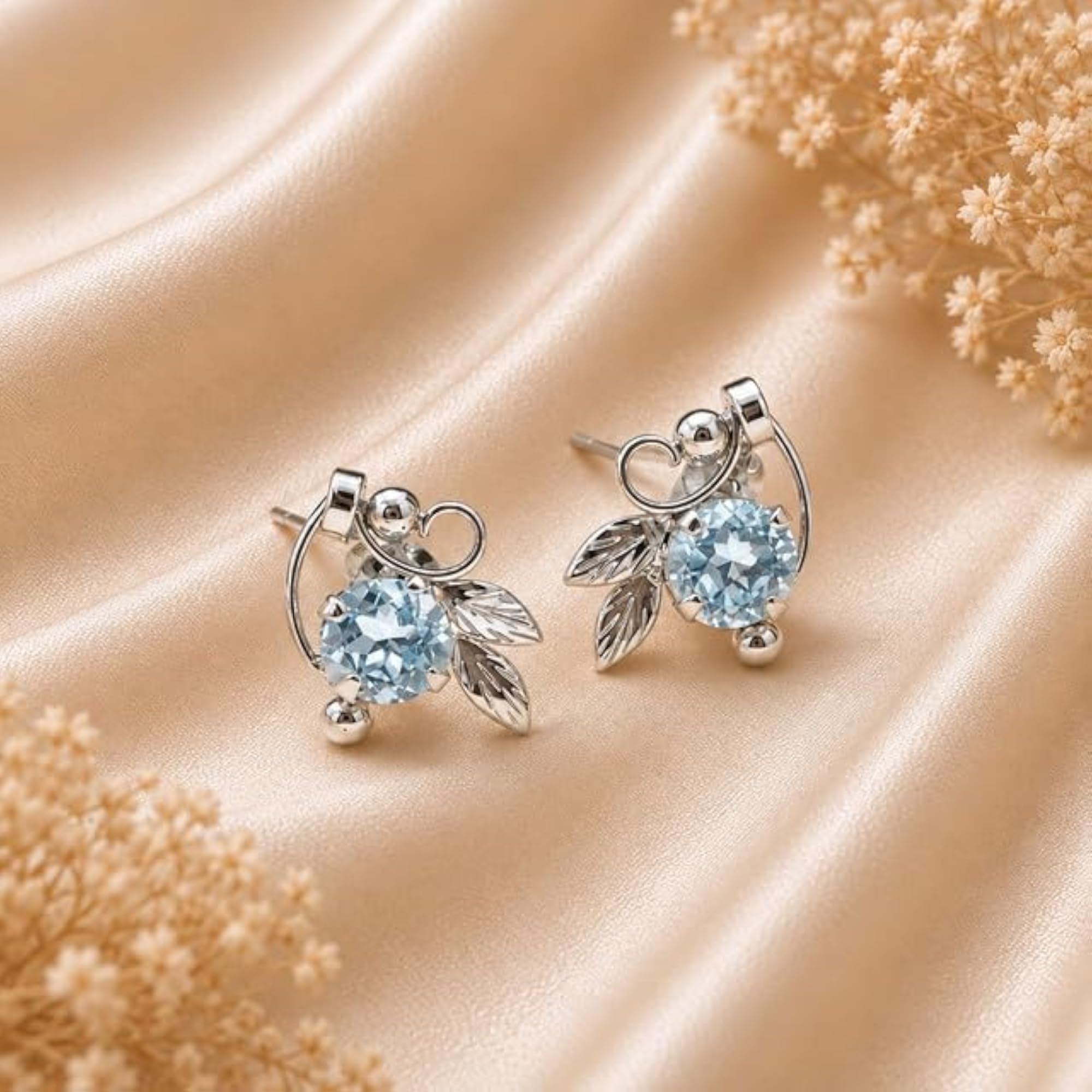Women's 925 Sterling Silver Topaz Leaf Stud Earrings