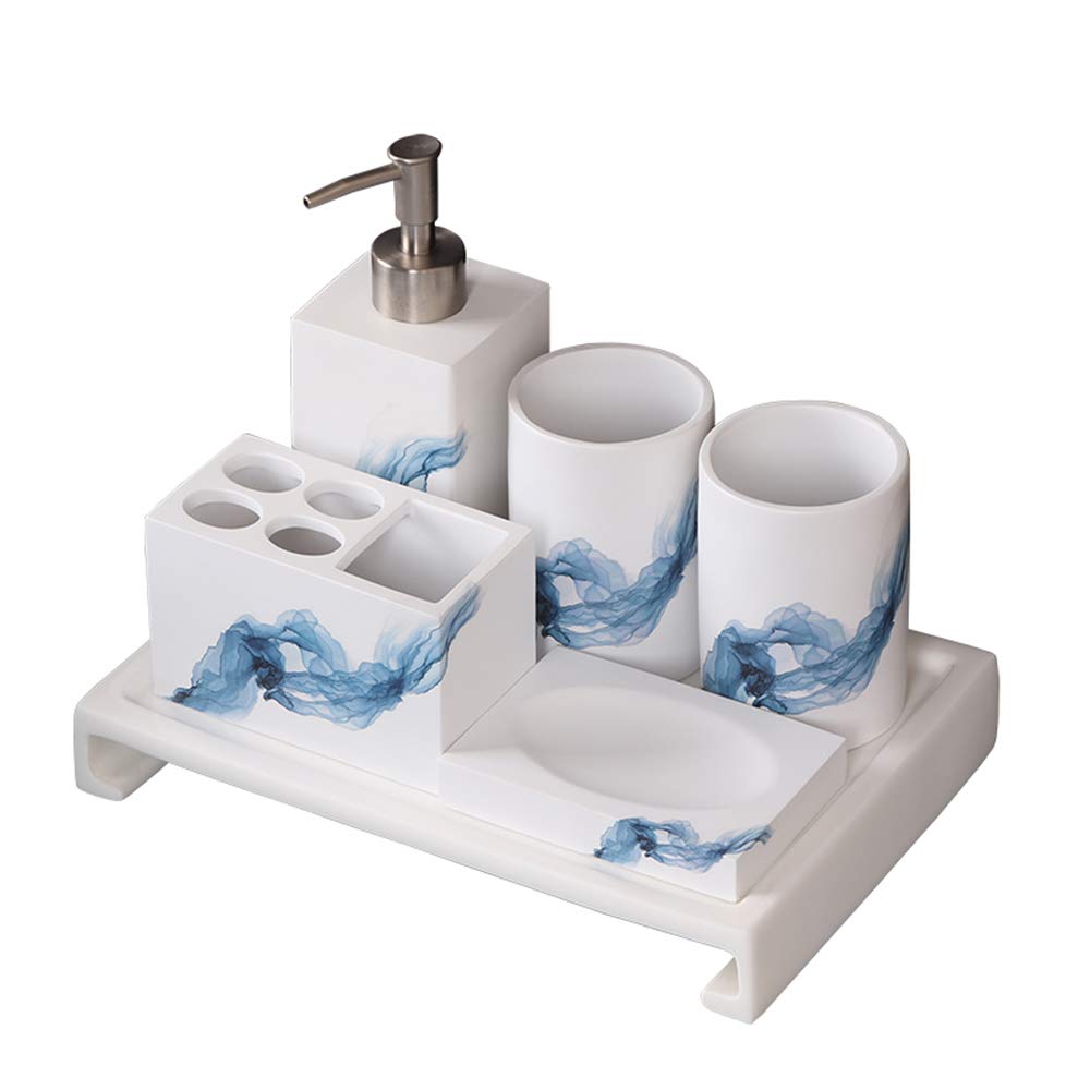 Estilo Antiguo Juego de Accesorios de Baño de Resina Conjunto de Baño con Porta Cepillo de Dientes, 2 Tazas, Dispensador de Jabón Líquido, Jabonera, Azul Impreso,with Reverse Tray