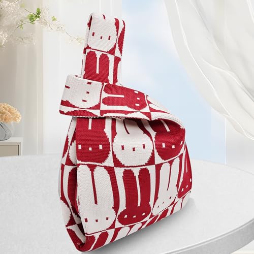 Image of Small Crochet Knit Tote Wrist Bag, Portable Knot Sleeve Handle Bag Cute Wristlet Pouch Purse for Women