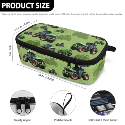 Image of Green Tractor Print Pencil Case for Kids Large Pencil Pouch for Elementary Boys Lightweight Portable Pen Bag with Mesh Pocket for School