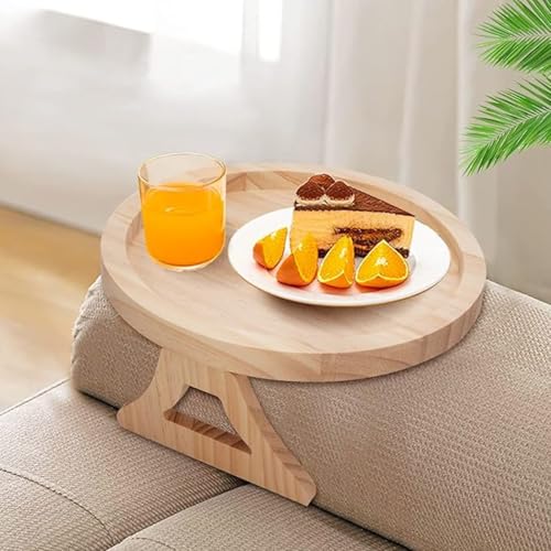 YWHWLX Round Sofa Arm Tray Table Portable and Foldable Bamboo Sofa Armrest Clip-On Tray Waterproof Couch Arm Clip Table for Drinks Snacks Remote Control Phone