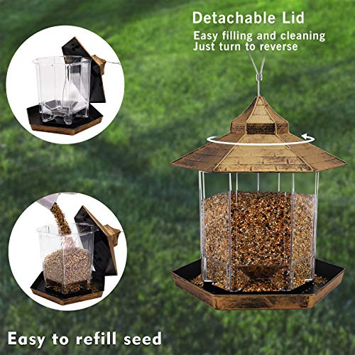 Hanging Wild Bird Feeder Gazebo Birdfeeder Outside Decoration, Perfect for Attracting Birds on Outdoor Garden Yard for Bird Lover Kids, 2.6lb Capacity Hexagon Shaped with Roof Avoid Weather and Water