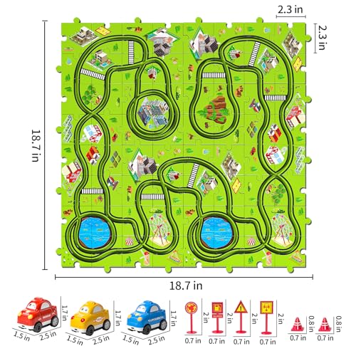 JUKUDAHU 64 Pieces Puzzle Race Track Car Set Toys for 3 4 5 6 Year Old Boys - Puzzle Tracks Car Toys for Kids Ages 3-5 with 3 Sliding Toy Cars, City-Themed, Birthday Gifts for Toddlers 1-3 2-4 4-6 - Thumbnail 6