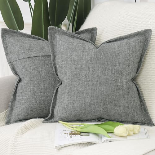 MADIZZ Pack of 2 Faux Rustic Linen Throw Pillow Covers with Flange Edge Soft Boho Natural Decorative Pillowcases for Sofa Living Room Modern Throw Pillows for Bed 18x18 Inch Grey