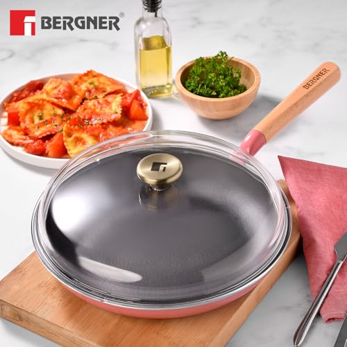 Image of BERGNER Excalibur Lightweight Cast Iron Frypan with Lid 28cm, Sturdy Wooden Handle, Non-Stick Coating, PFAS Free, Perfect Heat Distribution, Elegant Design - Induction Compatible (Pink)