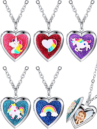 Hicarer 5 Pcs Heart Locket Necklace Unicorn Mermaid Rainbow Picture Pendant Heart Necklace Photo Secret Chain Jewelry Christmas for Girls Boys Kids Birthday Jewelry Gift
