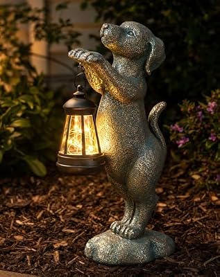 Solar Dog Garden Statue - Puppy Holding Lantern Outdoor Decor, Waterproof Resin Yard Art Figurine with Warm LED Light for Lawn, Patio, Porch & Pathway, Perfect Housewarming Gift for Dog Lovers
