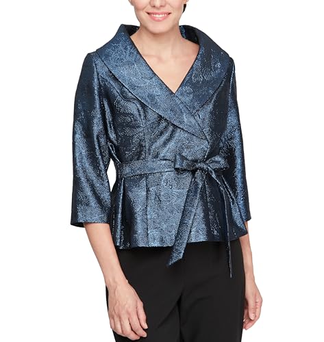 Alex Evenings Women's 3/4 Sleeve Portrait Collar Printed Stretch Jacquard Blouse with Tie Belt
