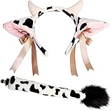 Disfraz de Vaca para Mujer 2 Piezas, Diadema con Orejas y Cuernos de Vaca con Cascabeles + Cola, Accesorios de Cosplay para Halloween, Fiestas Temáticas y Carnaval