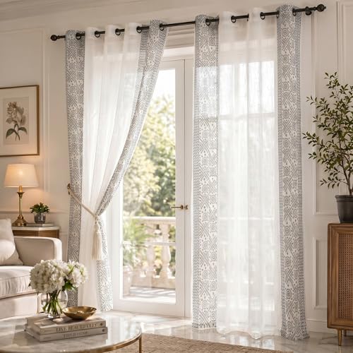 Image of LINENWALAS Decorative Cotton Linen Sheer Curtains 9 Feet for Long Door -Block Printed Door Curtain | Grommet Hanging Style Pack of 2 Panels |Light Filtering Sheer Drapes (Black Bandhani)