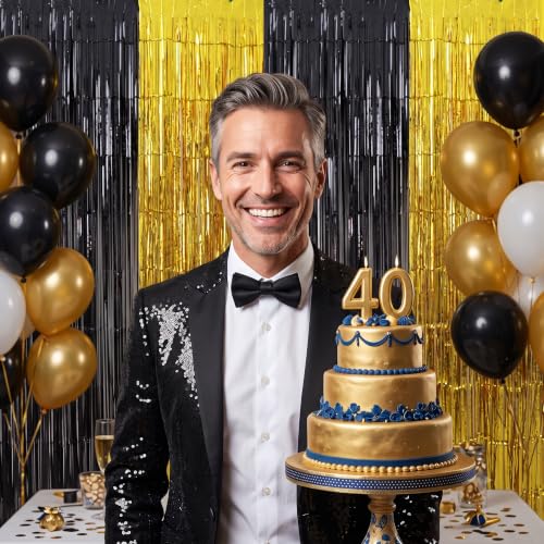 Image of TONIFUL 2Pcs Black and Gold Metallic Tinsel Foil Fringe Curtains Streamers | 3.3ftx6.6ft Photo Booth Backdrop Tinsel Streamer Curtain, Props for Bachelorette Birthday New Year Graduation Christmas Decor