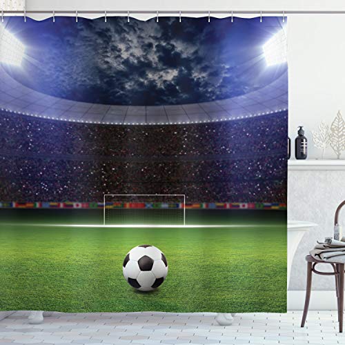 Ambesonne Sports Shower Curtain, Soccer Ball on Stadium Arena in