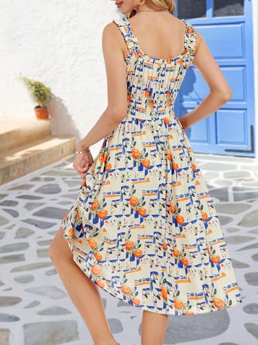 Image of FENSACE Sun Dresses for Women 2025 Vacation Summer Midi Flowy Orange Floral Spring Sleeveless Smocked Waist Easter Dresses for Women
