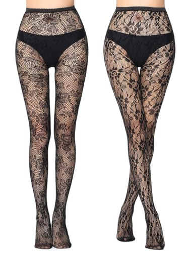 SERAPHY Collant Femme Fantaisie, Collants Bas Résille pour Femmes, Élastique Taille Haute Collant Fantaisie Femme Sexy-2 paires-fleurs
