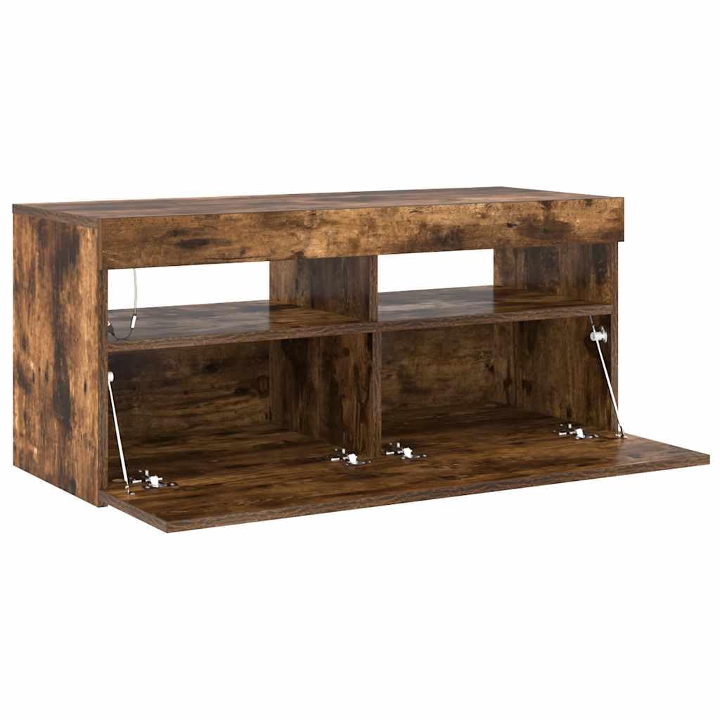 Meuble TV Moderne avec Éclairage LED RGB, Meuble de Salon en Bois d'Ingénierie Chêne Fumé 90 cm, Rangement Pratique pour Téléviseur, Console de Jeux Vidéo et Déco Salon