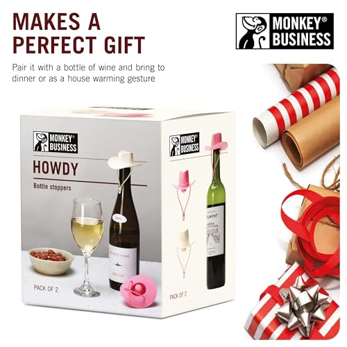 Image of Monkey Business Howdy - 2-Pack Cowboy Hat Wine Stoppers - Fun Silicone Bottle Stoppers Keep Wine Fresh - Novelty Kitchen Gadgets & Cute Wine Accessories (Pink & White)