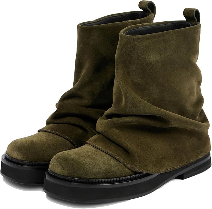 Women Slouchy Ankle Boots Casual Fold Over Round Toe Boots Pull On Wide Calf Chunky Low Heel Platform