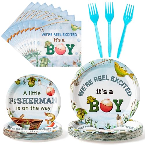 ANGOLIO 96Pcs Gone Fishing Party Plates Supplies - A Little Fisherman Is On The Way Party Tableware Decorations Fishing Disposable Paper Plates Napkins Forks for Boy Birthday Baby Shower, Serves 24