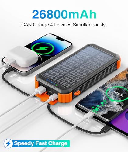 Solar Power Bank 26800mAh with 3 Cables, Power Bank 15W Fast Charging 3 Inputs 4 Outputs, Solar Charger Built-in Dual Flashlights with 3 Modes(Steady-SOS-Strobe) for Camping Outdoors (Orange)