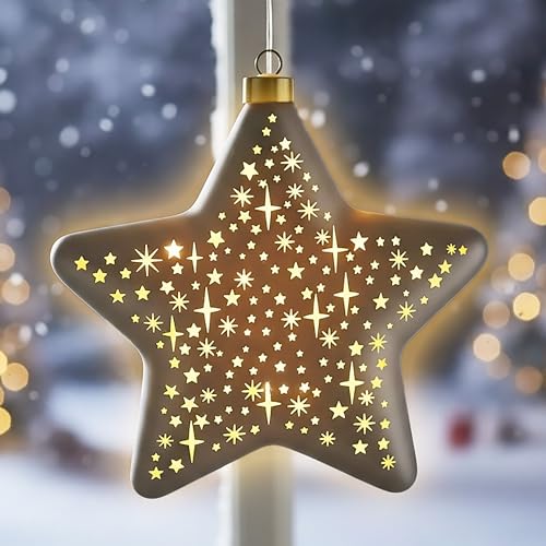 LED Glas Weihnachtsstern Champagner Farben zum Hängen mit Timer - 19...