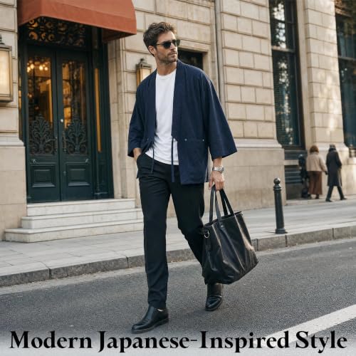 Image of Haseil Men's Kimono Cardigan Japanese Jackets Casual Cotton 3 /4 Sleeve Shirt Open Front Coat Lightweight Linen Yukata