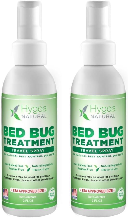 Hygea Natural Lice, Mite, and Bed Bug Natural Travel Spray- TSA Approved 3 oz Size Bottles, Child & Pet Friendly, Stain & Odor Free, for Hotels, Suitcase, Backpack, Shoes, Bed Bug Spray (2 Pack)