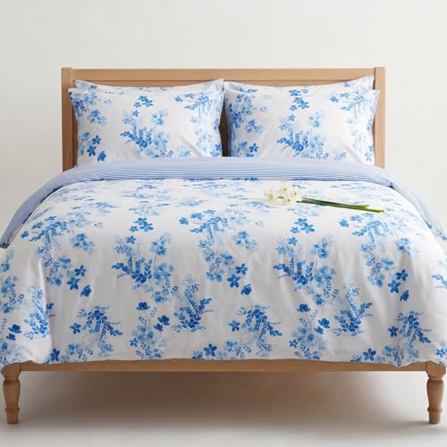 LERUUM Housse de Couette 200x200 Coton Parure de 2 Personnes Fleurie Rayée Fille Blanche Bleu 3...