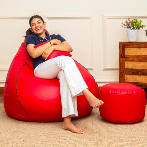 SATTVA Faux Leather XXXL Classic Filled Bean Bag with Footrest Combo (with Beans) (Red with Black Piping)