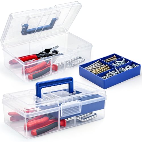 Image of Elsjoy 2 Pack Plastic Tool Box with Handle, 2-Layer Clear Tool Storage Organizer with Removable Divider, Portable Craft Storage Sewing Box