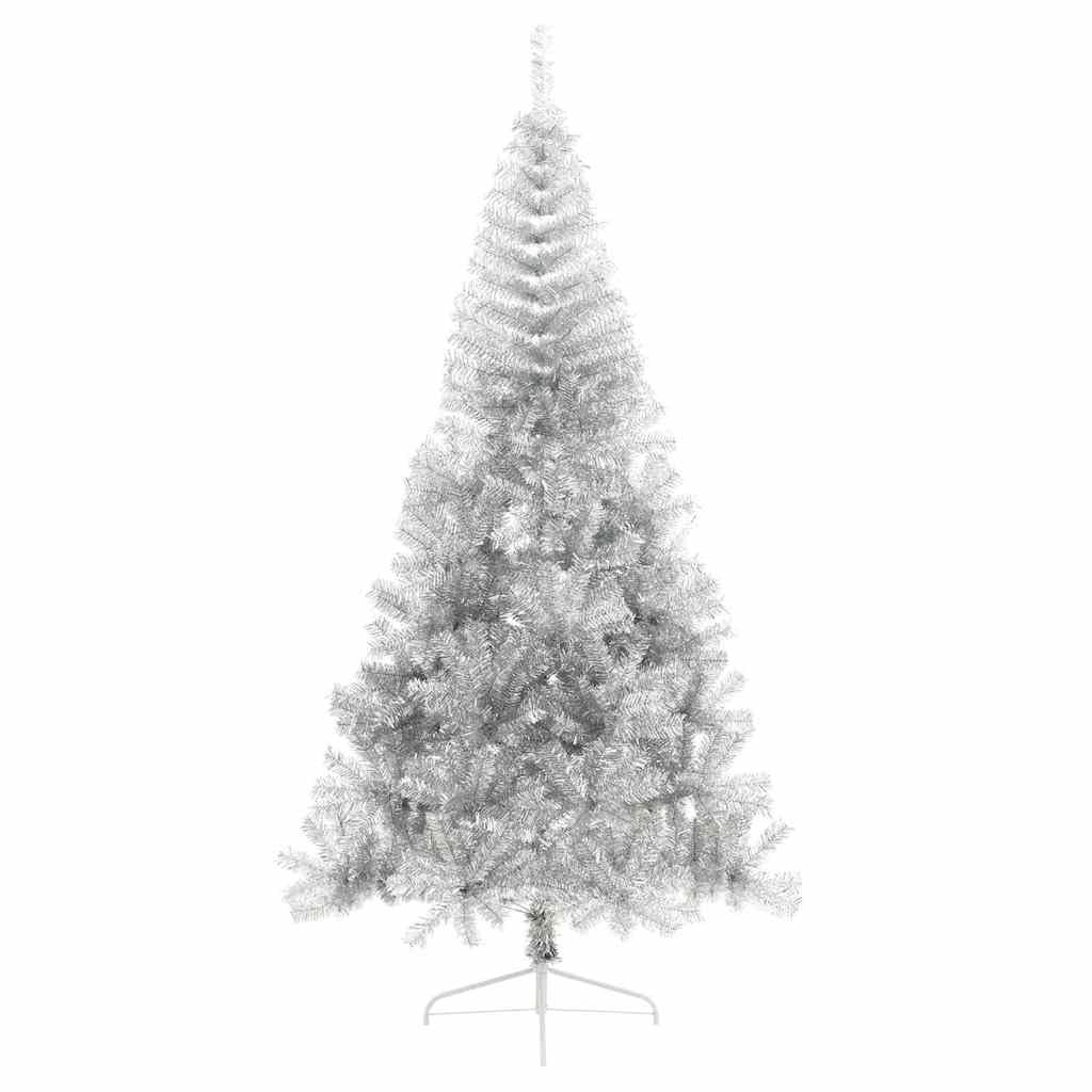Sztuczna podświetlana choinka srebrna, 210 cm, PET odporna na promieniowanie UV, 300 diod LED o ciepłej białej barwie, do użytku wewnątrz i na zewnątrz, ze stojakiem i kulkami