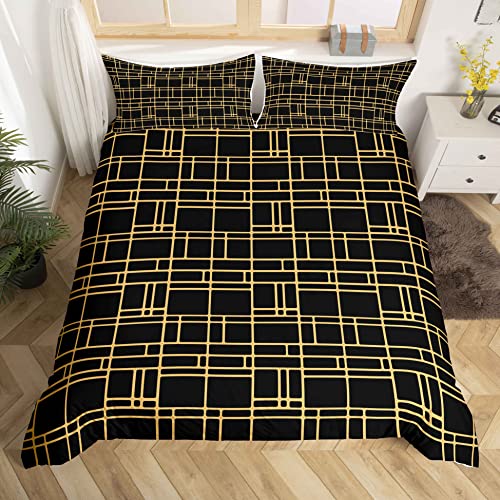 Grid Duvet Cover Set Double Sided Reversible Bedding Set Brushed Microfibre Black & Gold Lattice Comforter Cover for Boys Girls Adults Luxury Ultra Soft Microfibre (Black - Image 3