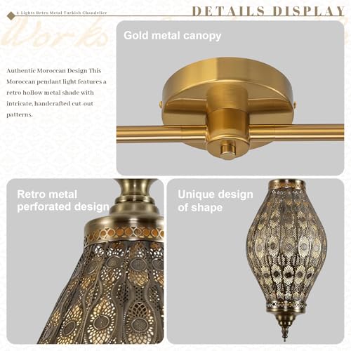 Image of 2-Light Linear Pendant Retro Metal Hanging Chandelier Brushed Brass