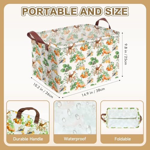 Image of Woodland Animal Storage Basket Home Forest Decor Waterproof Canvas Toy Storage Bin Collapsible Outdoor Basket with Leather Handles Woodland Decor Blanket Baskets For Closets,Bedrooms,Gifts Baskets