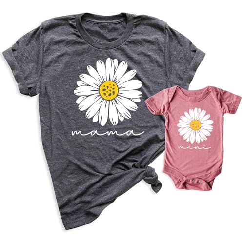 Mama and Me Matching T-Shirts, for Mama Mini Baby Toddler, Mother's Day Outfits, Family Mommy Me Designs, Baby Girl Boy, Cute Graphic Print Shirts, Pack of 2 (Daisy)
