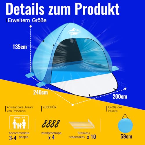Strandmuschel Pop Up Strandzelt 3-4 Personen, Pop Up Strandmuschel mit Reißverschlusstür UV-Schutz 50+ Windschutz Strand Zelt, Automatisches Tragbarer Wurfzelt Tragetasche und Heringe