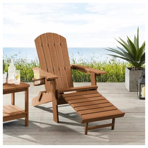 Adirondack Loungesessel Arizona, Mit Fußschemel, Getränkehalter, HIPS Kunststoff, Holz-Optik - für Balkon, Terrasse, Rasen, Kamin (Hellbraun)