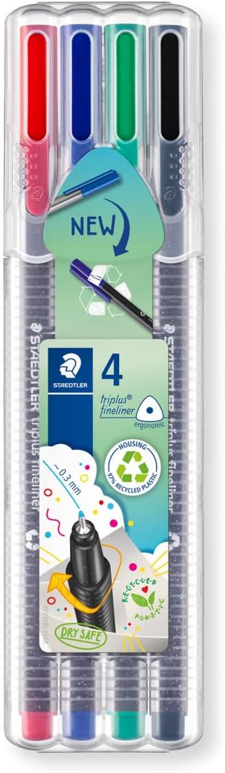 Fineliner Pens - Triplus - for Adult Colouring - 4 Assorted Colours - Pack of 4, 334 SB4