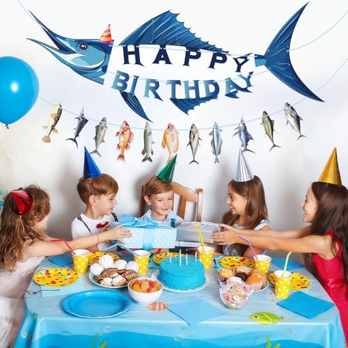 Image of Hooqict Shark Happy Birthday Banner Fishing Birthday Decorations Fish Party Banner Garland Sign for Boys Men Fisherman Sea Ocean Themed Shark Birthday Party Decorations