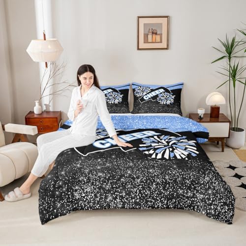 Image of Feelyou Glitter Cheer Comforter Set Toddler Size Blue Dreamy Girly Gymnastic Sports Comforter for Kids Boys Girls Gymnastics Lovers Bedding Set Cheer Sports Glitter Duvet Set Room Decor Quilt