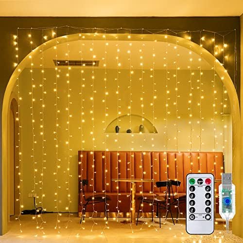 Ollny Curtain Lights for Bedroom Warm White 300 LED 9.8ftx9.8ft, Remote USB Powered 8 Lighting Modes Timer Waterproof Hanging Lights Indoor Outdoor for Christmas Wedding Party Patio Decorations