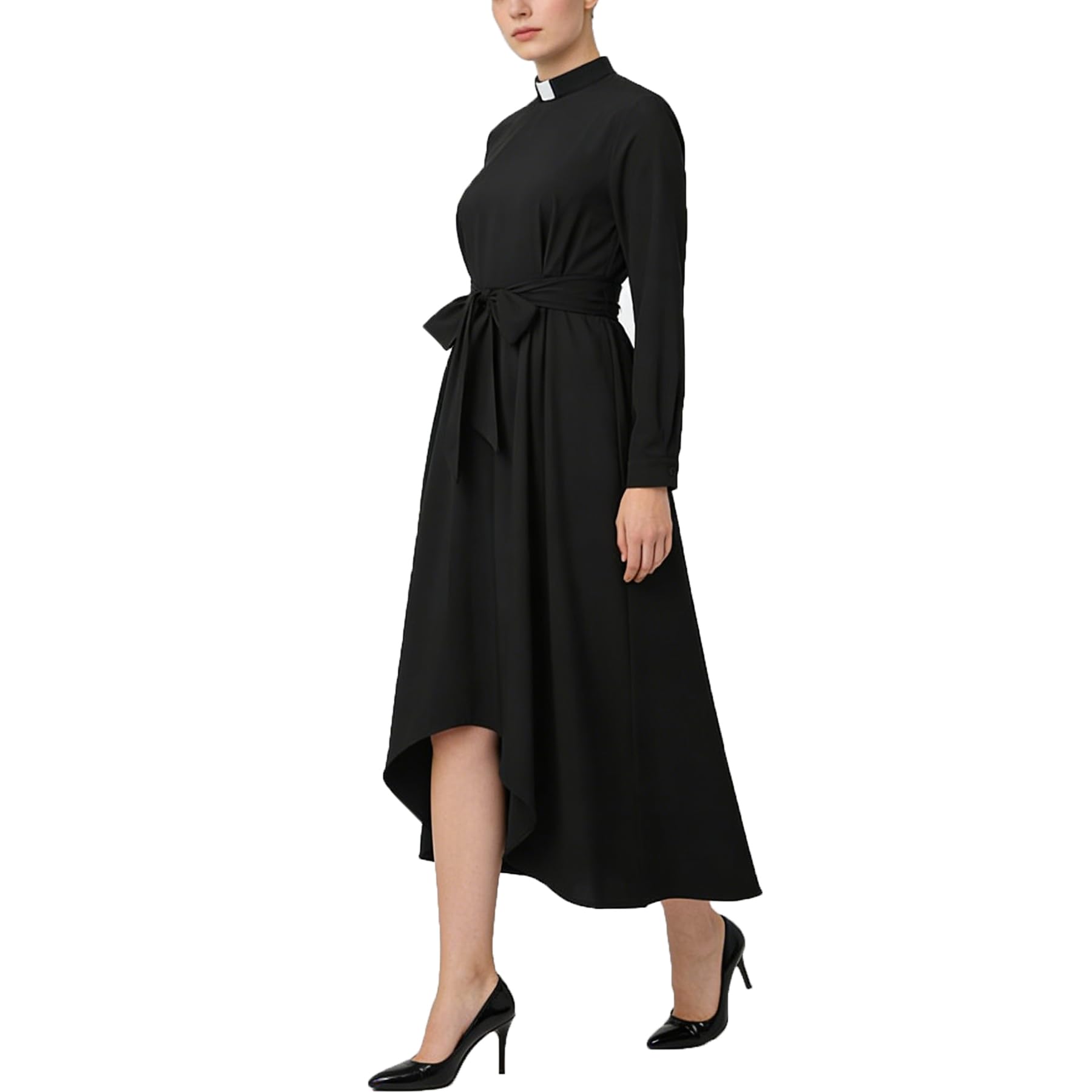 Sukienka kościelna dla kobiet z długim rękawem, luźna, elegancka sukienka maxi dla duchownych z zakładką, kołnierz i paski, Czarny, 5XL