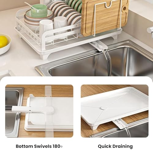 Image of HomeCloud 2 Tier Large Dish Drying Stand, Kitchen Dish Drainer with 360 Flexible Draining Board for Counter - Sink Drainer with Drip Tray, Utensil Holder, Cup Organizer (White)