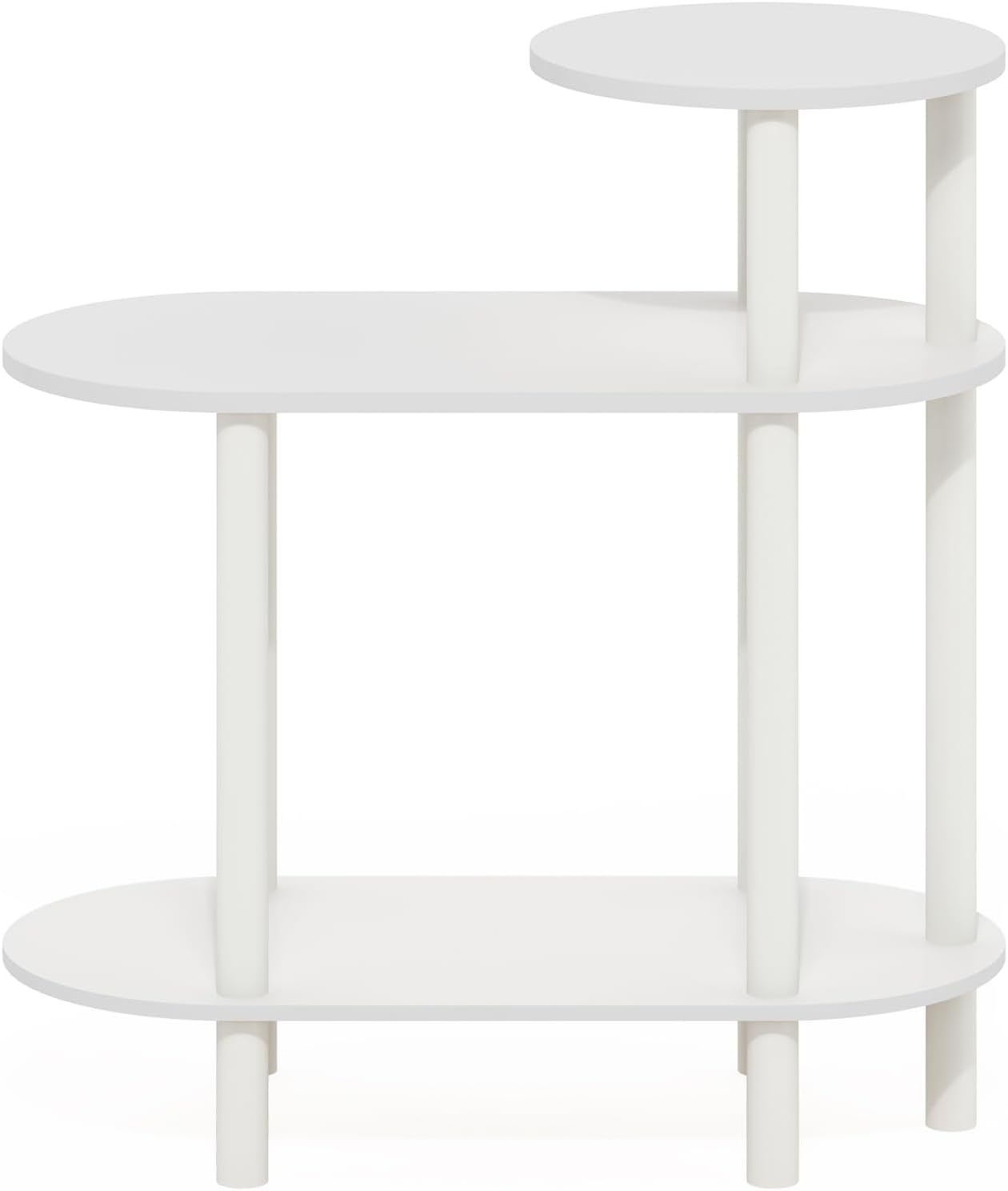 Furinno Turn-N-Tube Side Table, 3-Tier Oval Sofa End Table with Open Shelf, Toolless Assembly Night Stand, Bedside Table, for Living Room, Bedroom, White