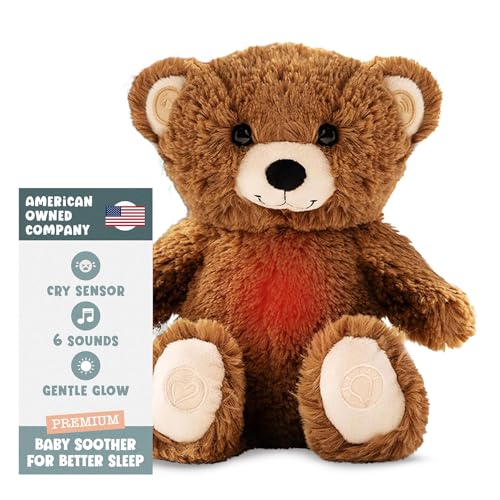 Image of Gemma Joy Baby Sleep Soother Brown Bear 11 Inch – Cry Activated Heartbeat Stuffed Animal, Rechargeable Crib Soother with White Noise, Shush, Lullabies and Night Light – Newborn Baby Gift